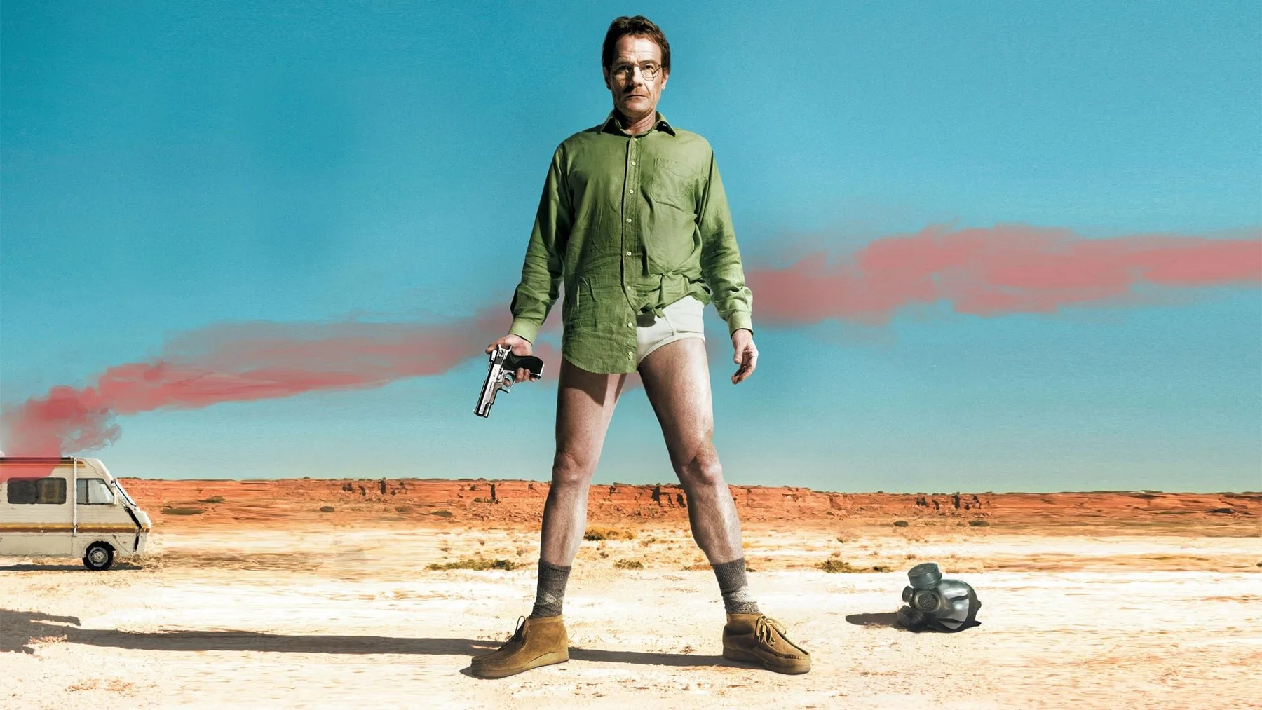 Walter White against the New Mexico sky and desert in the Breaking Bad pilot poster